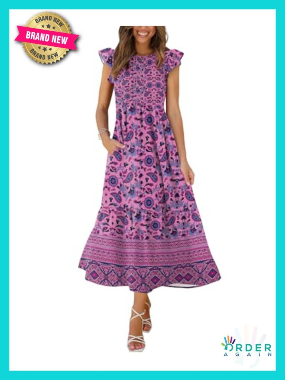 Casual Maxi Dress with Pockets Smocked Ruffle Sleeve Tiered